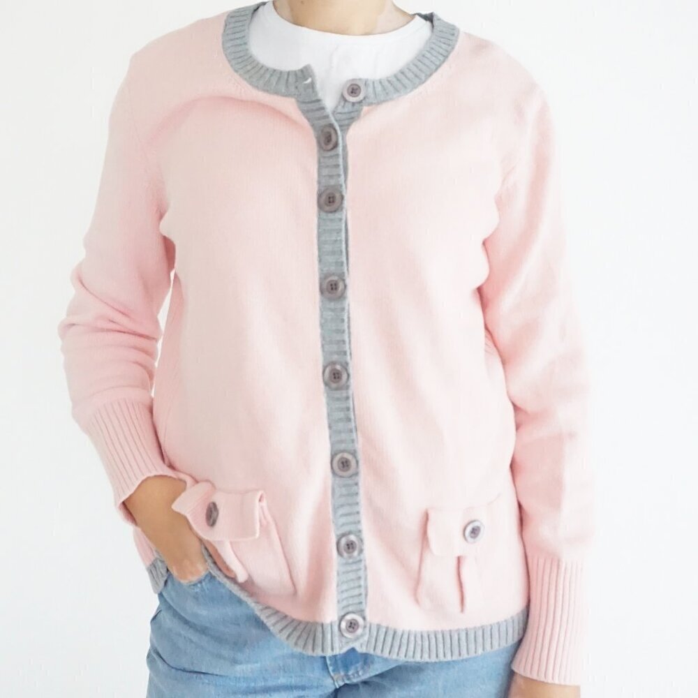 Chadwicks Of Boston Pink w Grey Trim Button Up Knit Cardigan Sweater M